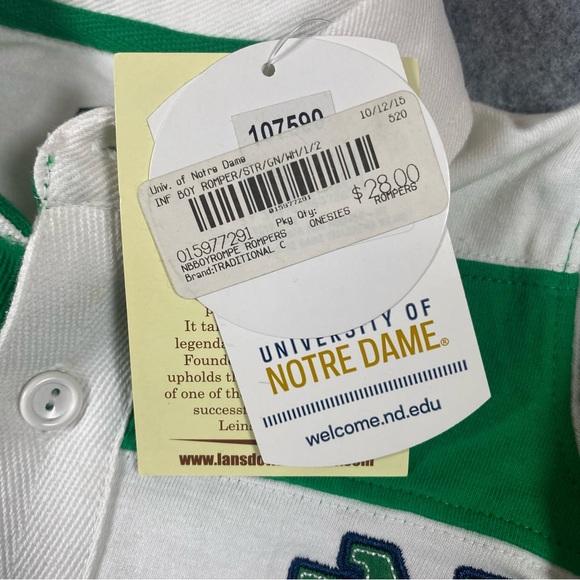 NWT Infant Boys Notre Dame Romper Green and White Striped Age 1-2, (12M-24M) - Picture 8 of 12